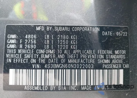 2022 Subaru Legacy Limited Xt from USA, damaged, VIN 4S3BWGN60N3022003